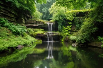 Fototapeta na wymiar serene landscape with a waterfall, surrounded by greenery, created with generative ai