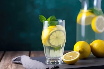 refreshing summer lemonade garnished with slice of juicy lemon, created with generative ai