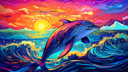 hand drawn cartoon illustration of a dolphin jumping out of the water on the beautiful sea
