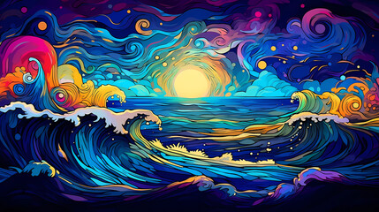 Hand-painted cartoon beautiful sea scenery illustration under the starry sky
