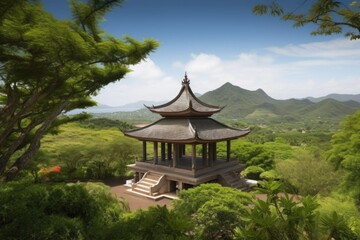 Naklejka premium temple with view of natural landscape, the perfect setting for a wellness retreat, created with generative ai