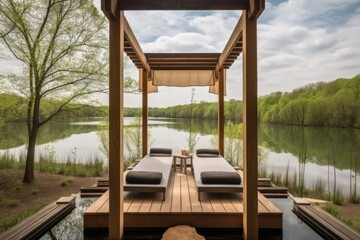 wellness retreat with scenic view of tranquil lake, created with generative ai