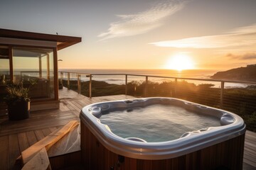 Fototapeta na wymiar wellness retreat with hot tub and view of the ocean, created with generative ai