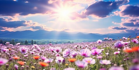 Captivating spring-summer natural landscape featuring a field of purple clover flowers and chamomile against a blue sky with white clouds and bright sun rays. Created with Generative AI technology