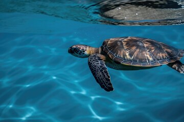 sea turtle swimming in clear blue ocean, with its reflection visible, created with generative ai