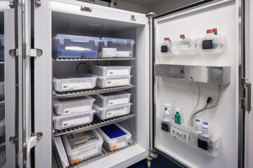 temperature-controlled holding cabinet filled with medical supplies, created with generative ai