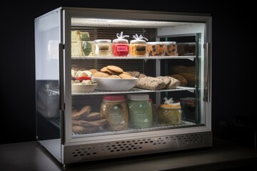 temperature-controlled cabinet with glass door, showing off products and menu items, created with generative ai