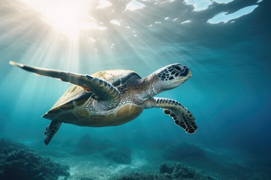 sea turtle swimming underwater, its flippers and shell glistening in the sunlight, created with generative ai