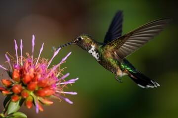 Fototapeta na wymiar hummingbird hovering over flower to feed, created with generative ai