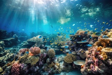 Fototapeta na wymiar underwater scene, with schools of tropical fish swimming among colorful coral reefs, created with generative ai