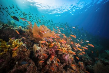 Fototapeta na wymiar a school of fish swimming among brightly colored coral reefs, created with generative ai