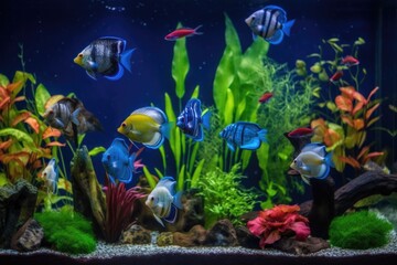 tropical fish tank with colorful and unique fish species swimming peacefully, created with generative ai