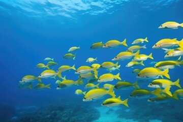 tropical fish school swimming in clear blue water, created with generative ai