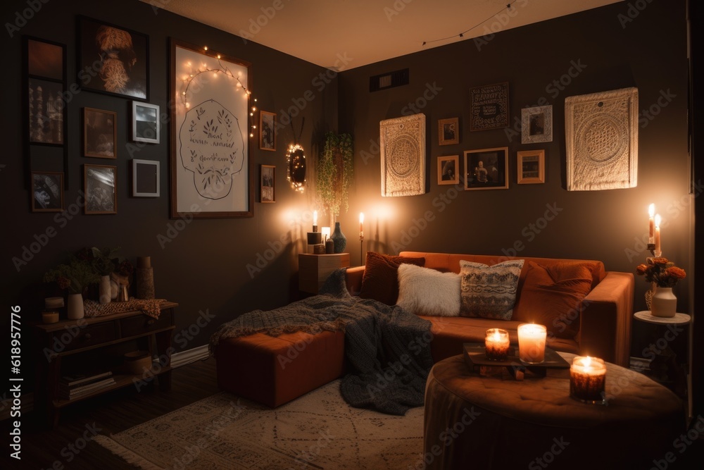 Wall mural a cozy room with wall art, candles, and throw blankets for a relaxing environment, created with generative ai