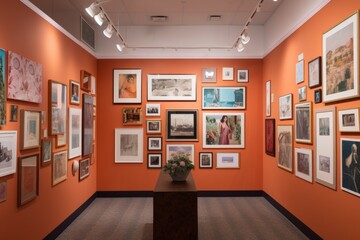 a gallery wall with a mixture of paintings, photographs, and hangings, created with generative ai