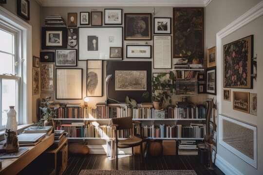 a gallery wall filled with art, books and curios, created with generative ai