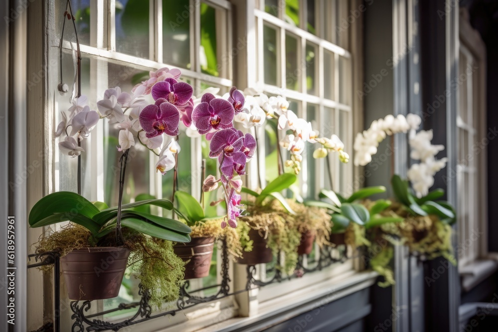 Canvas Prints delicate orchids in a window garden on a balcony, created with generative ai