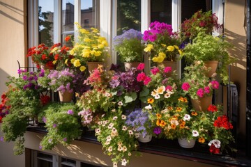window garden overflowing with blooms and greenery, bringing life and color to balcony, created with generative ai