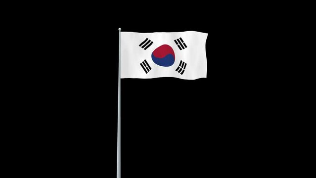 Animation of South Korea waving flag on flag pole with alpha channel transparent background