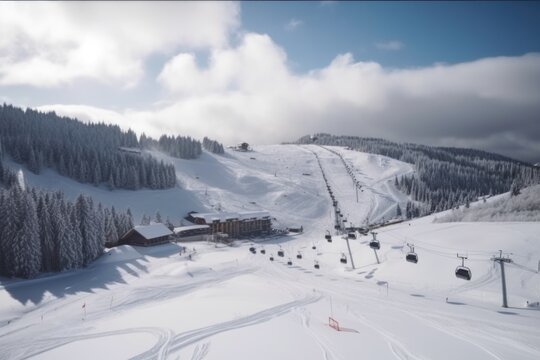 winter sports resort, with view of the slopes and ski lifts, surrounded by mountains, created with generative ai
