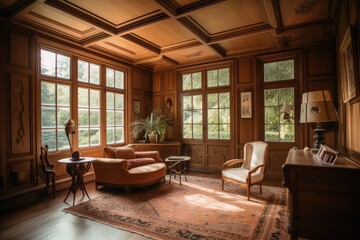 sitting room, with view of the outdoors, featuring wood-paneled walls and french doors, created with generative ai