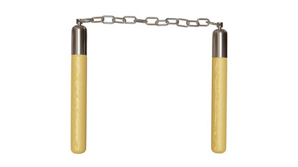 Wooden nunchaku weapon on chain isolated on white and transparent background. Martial art concept. 3D render