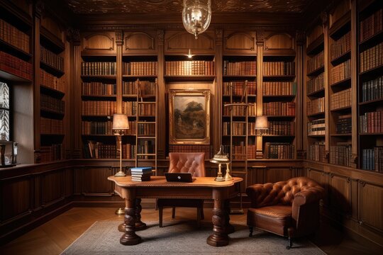 wooden bookshelf with leather-bound books in warm and inviting study room, created with generative ai
