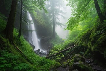 Fototapeta premium cascading waterfall in misty forest with towering trees, created with generative ai