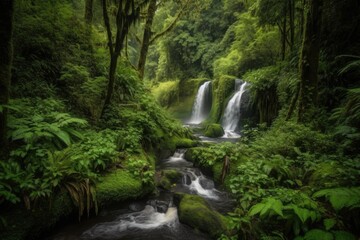 cascading waterfalls surrounded by lush greenery and towering trees, created with generative ai