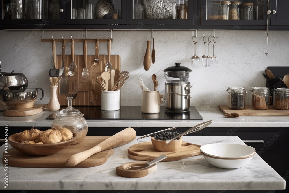 Canvas Prints a collection of cooking tools and spices in a modern kitchen setting, created with generative ai