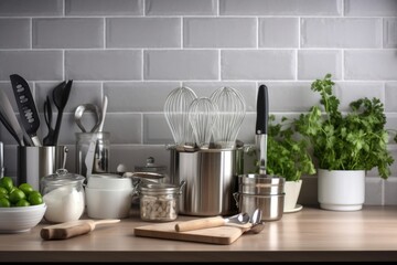 Naklejka na ściany i meble beautiful arrangement of cooking utensils in a modern kitchen setting, created with generative ai