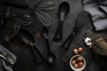 a selection of cooking utensils, including whisks, spoons and forks in a clean and minimal flatlay, created with generative ai