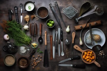 Fototapeta na wymiar a collection of cooking utensils and tools, arranged in a flatlay photo, created with generative ai