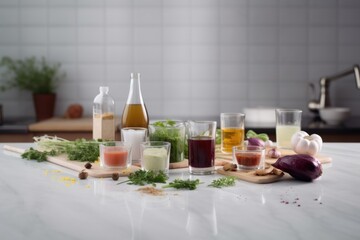 deconstructed recipe ingredients in a modern and minimalistic setting with blurred background, created with generative ai