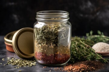 glass jar filled with spices and herbs for flavorful seasoning, created with generative ai