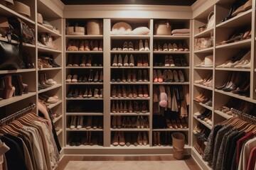 Obraz premium walk-in closet filled with different styles of shoes, including heels, flats, and boots, created with generative ai