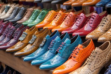 row of designer shoes in eye-catching array of colors and textures, created with generative ai