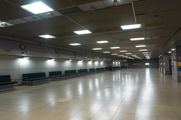 empty airport terminal with emergency lights and sirens, indicating emergency situation, created with generative ai