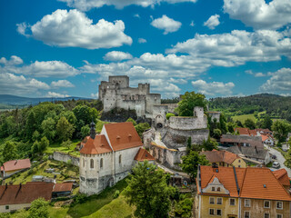 Obraz premium Aerial view of Rabi castle, largest medieval fortress ruin in the Czech Republic with concentric walls and round towers