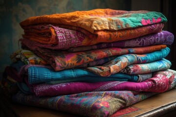 Fototapeta premium stack of brightly-colored fabrics with intricate patterns and textures, created with generative ai