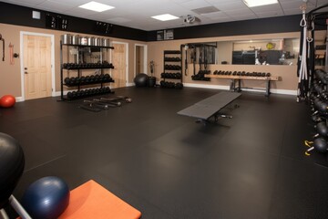 fitness studio, with various weights, bands and balls visible on the floor, created with generative ai