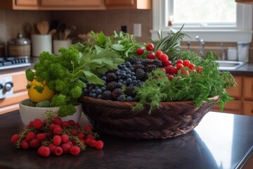 basket of fresh berries and herbs, perfect for a kitchen or dining room, created with generative ai