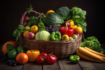 basket of colorful fruits and vegetables, ready to be cooked or juiced, created with generative ai