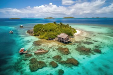 remote island surrounded by crystal-clear water and vibrant marine life, created with generative ai