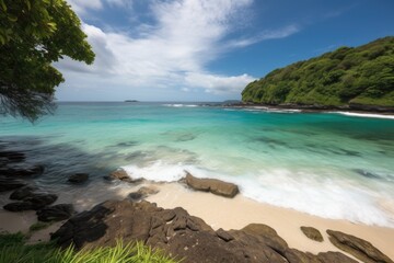 Obraz premium remote island beach, with clear blue waters and rolling surf, surrounded by tropical greenery, created with generative ai