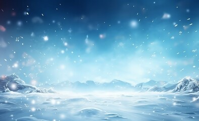Obraz na płótnie Canvas An illustration of a winter snow background with snowdrifts, beautiful light, and falling flakes of snow on a blue sky, featuring drifting snow and ample copy space. Created with Generative AI technol