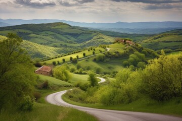 winding road with view of rolling hills, leading to a village in the distance, created with generative ai