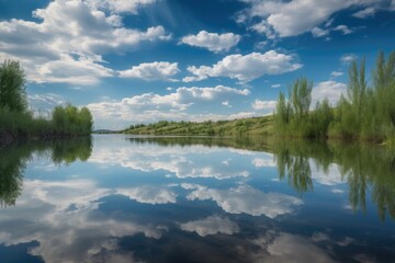 Fototapeta premium serene lake reflections with cloud-filled sky and blue waters, created with generative ai