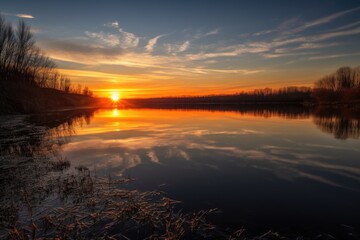 Obraz premium reflection of the sun rising over lake, with colors of dawn and sunrise, created with generative ai