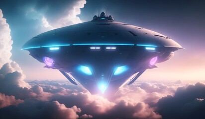 Fototapeta na wymiar Futuristic UFO flying in the air. Generative AI